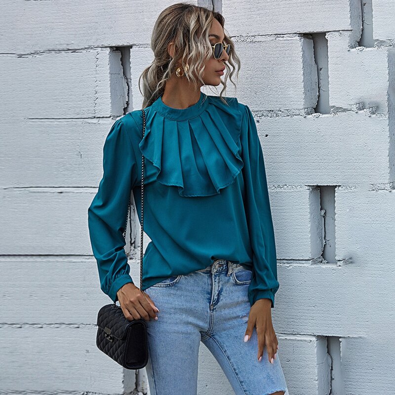 

Mock Neck Ruffle Trim Blouse, Teal blue