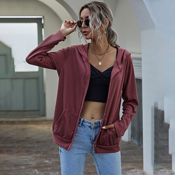 

Button Up Pocket Hooded Coat, Redwood