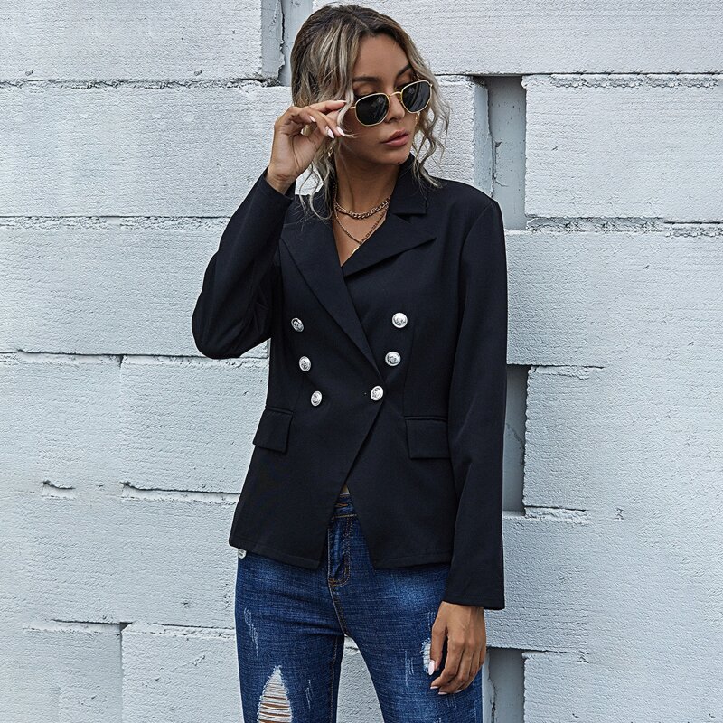 

Lapel Neck Double Button Blazer, Black