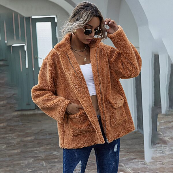 

Zip Up Flap Pocket Teddy Coat, Camel