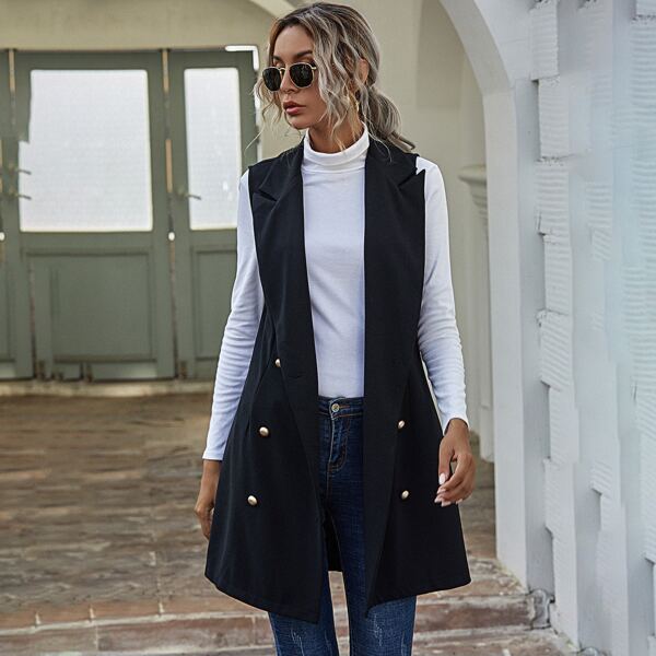 

Lapel Neck Double Button Vest Blazer, Black