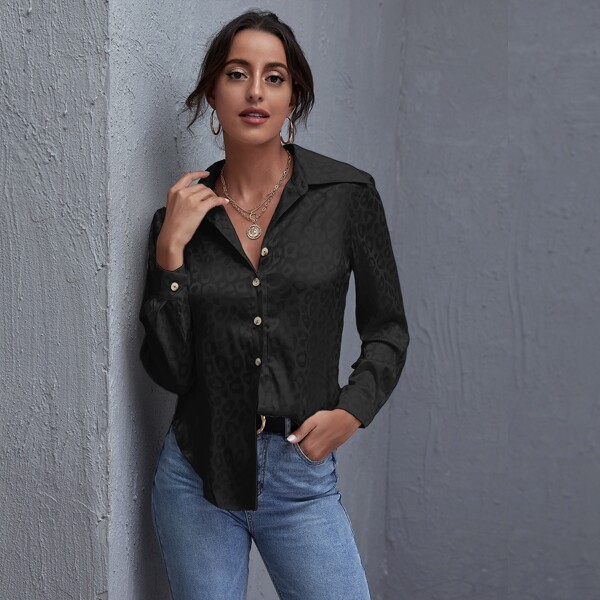 

Leopard Jacquard Satin Blouse, Black