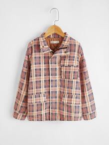 SHEIN Tween Boy 翻盖口袋格子衬垫外套