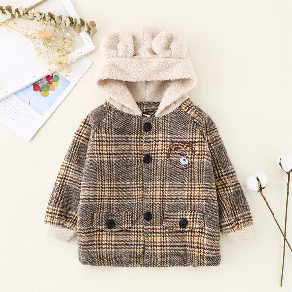 

Toddler Boys Plaid Cartoon Embroidered 3D Ears Design Hooded Jacket, Multicolor