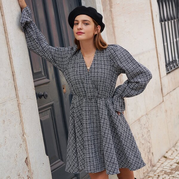 

Surplice Neck Flounce Sleeve Tweed Dress, Black and white