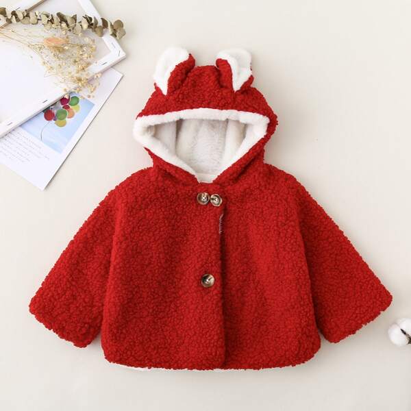 

Toddler Girls Button Front 3D Ears Design Hooded Teddy Coat, Red