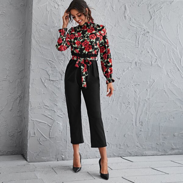 

Mock Neck Floral Print Belted 2 In 1 Jumpsuit, Black