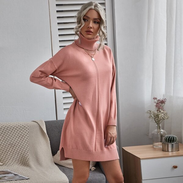 

High Neck Slit Hem Sweater Dress, Pink
