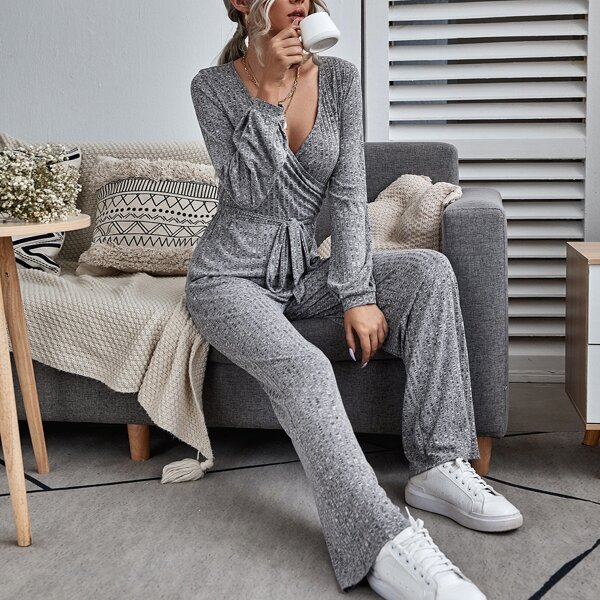 

Surplice Front Belted Jumpsuit, Grey