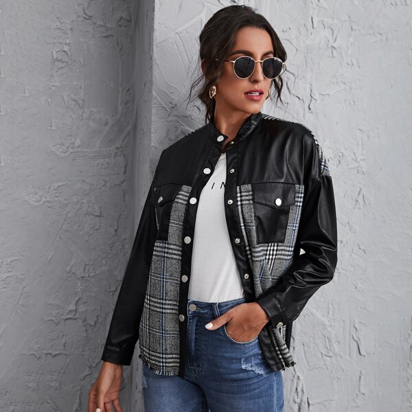 

Pocket Front Plaid PU Leather Jacket, Black