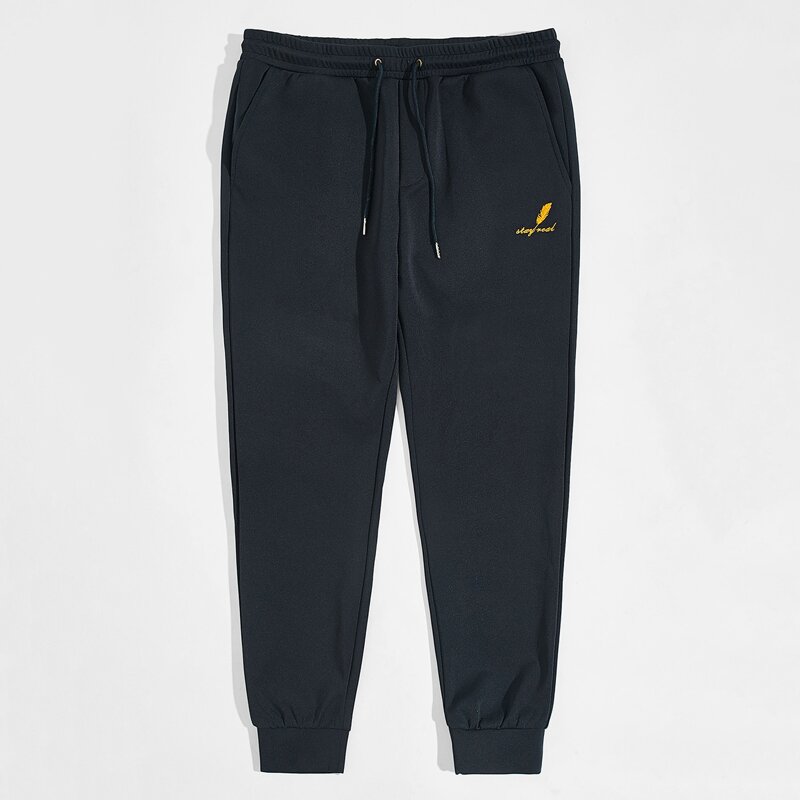 

Guys Letter & Feather Embroidery Sweatpants, Navy blue