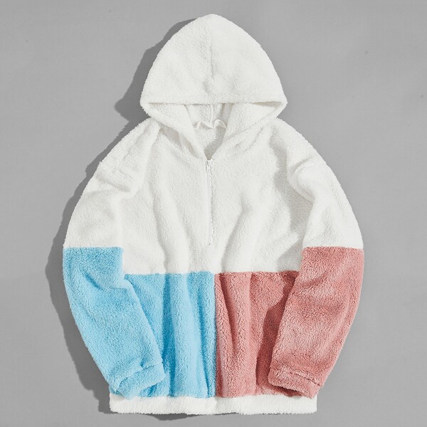 

Men Color-block Half Zip Teddy Hoodie, Multicolor