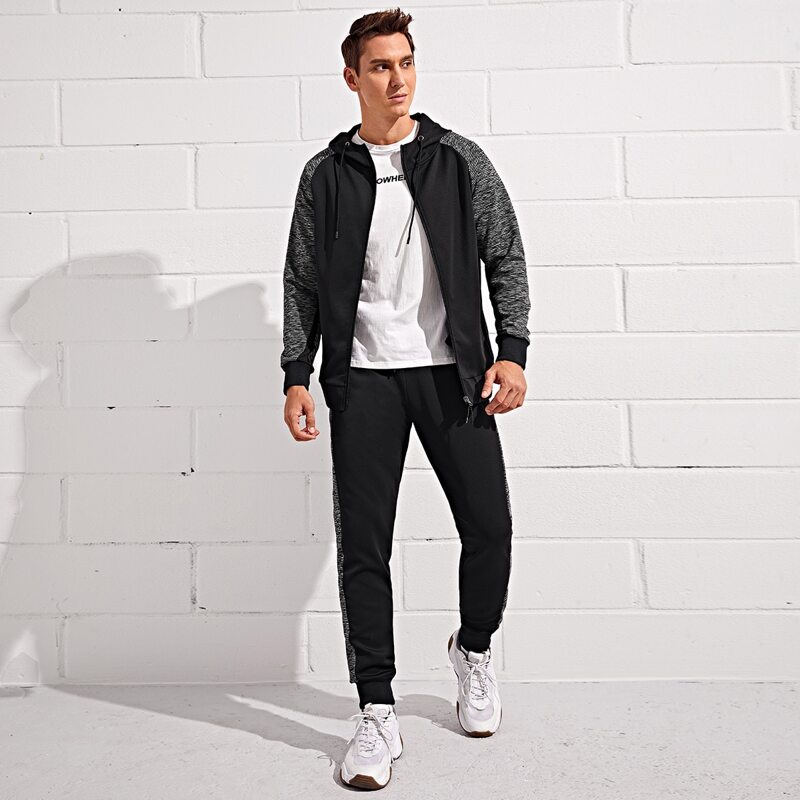 

Guys Contrast Panel Hooded Sports Jacket & Sweatpants, Black