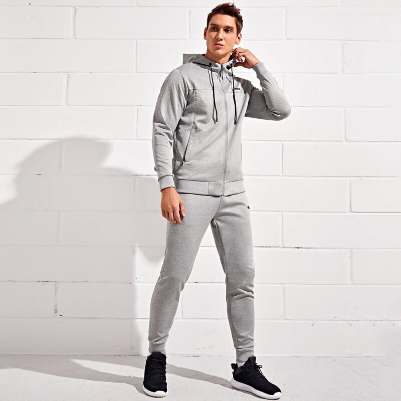 

Guys Letter Patched Zip Up Sports Hoodie & Sweatpants, Light grey