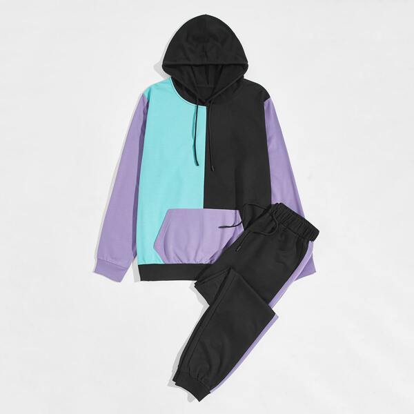 

Men Colorblock Kangaroo Pocket Hoodie & Sweatpants, Multicolor