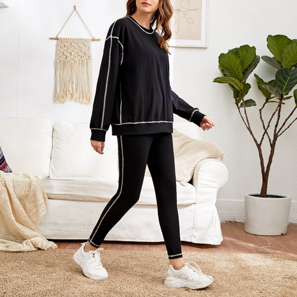 

Stitch Detail Tee & Leggings Set, Black