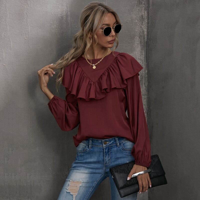 

Solid Ruffle Trim Keyhole Back Blouse, Maroon