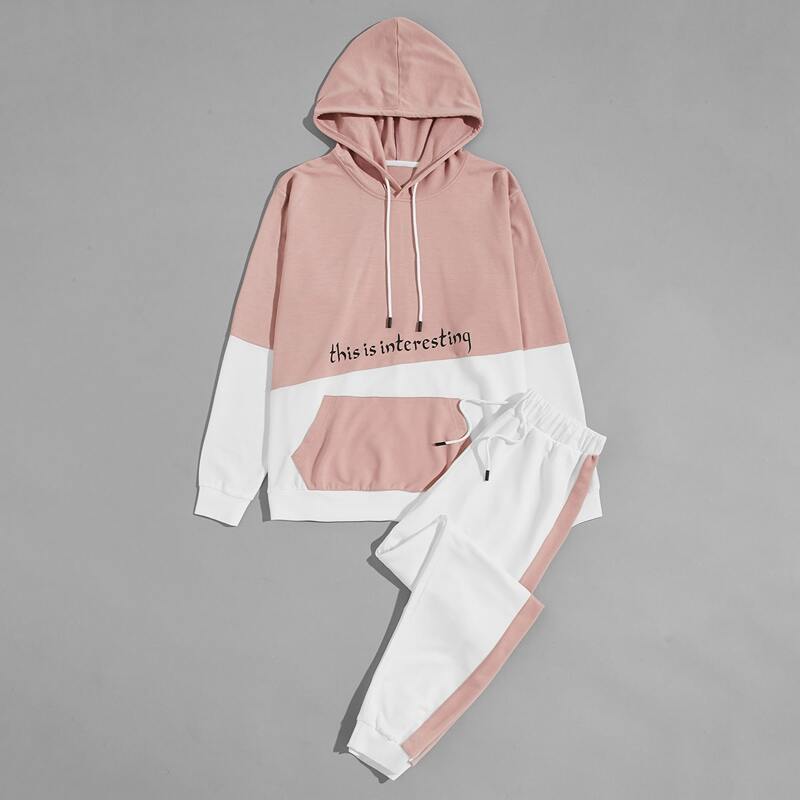 

Guys Colorblock Slogan Graphic Hoodie & Sweatpants, Multicolor