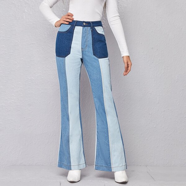 

High Waist Color Block Flare Leg Jeans, Multicolor