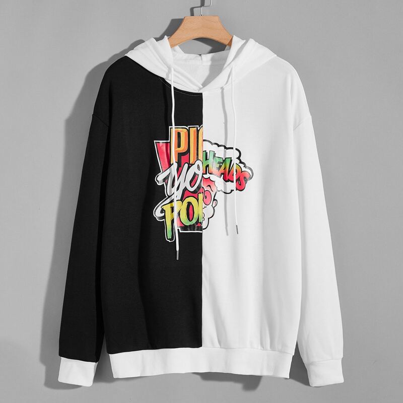 

Guys Letter Graphic Colorblock Hoodie, Black and white