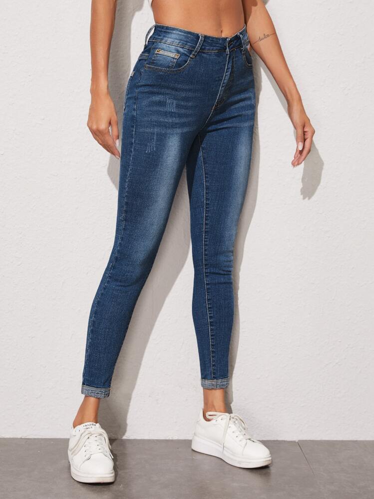 SHEIN Essnce Slant Pocket Zip Fly Skinny Jeans - Dark Wash - View 5