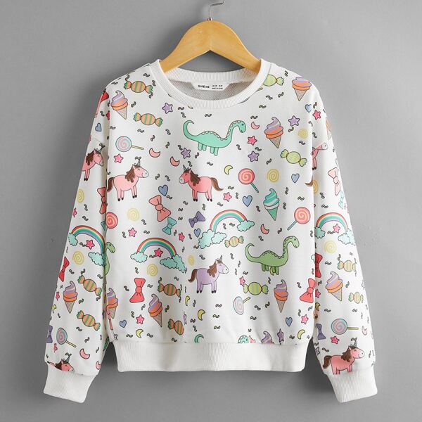 

Girls Dinosaur & Unicorn Print Pullover, Beige