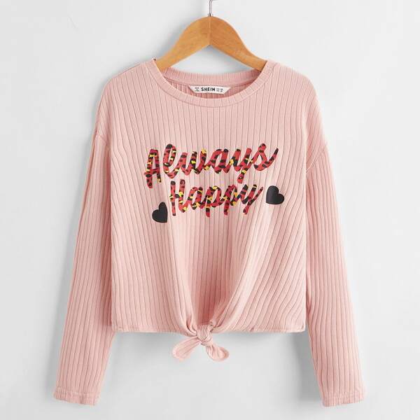 

Girls Slogan and Heart Print Tied Hem Tee, Dusty pink