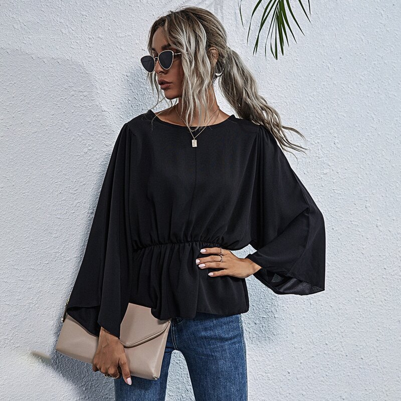 

Solid Tie Back Ruffle Hem Blouse, Black