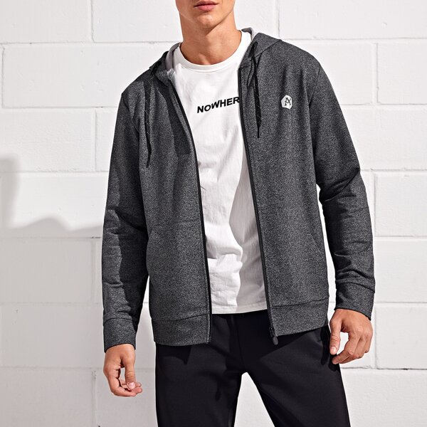

Men Letter Graphic Drawstring Hooded Sports Jacket, Dark grey