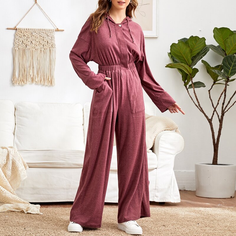 

Pocket Front Drawstring Hooded Jumpsuit, Redwood