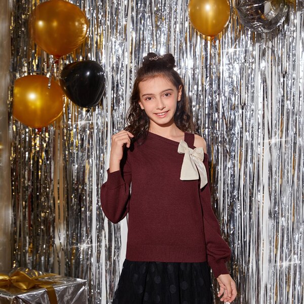 

Girls Asymmetrical Neck Bow Front Sweater, Maroon