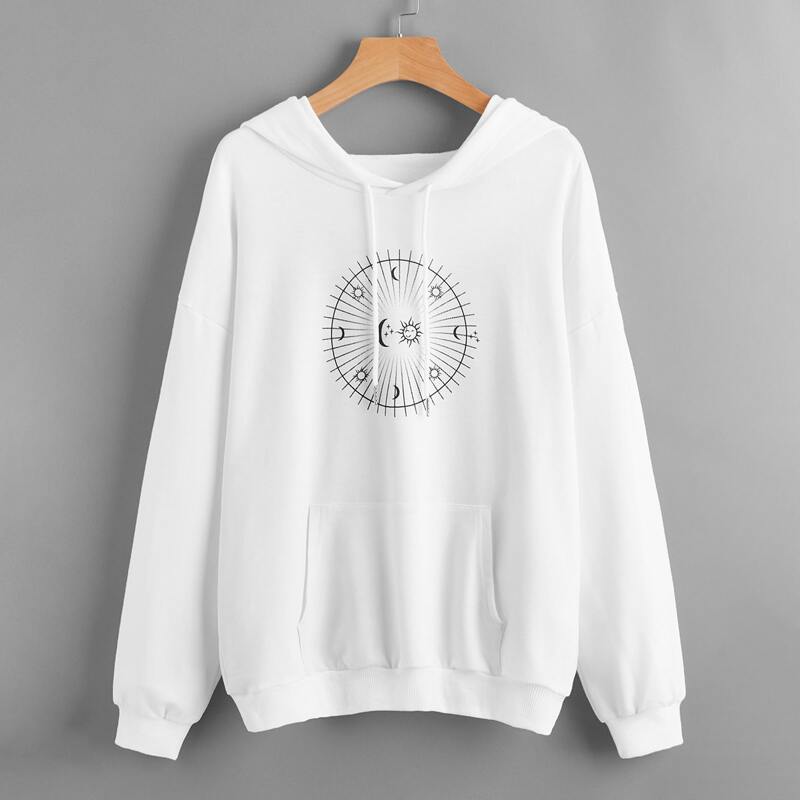 

Kangaroo Pocket Sun & Moon Graphic Hoodie, White