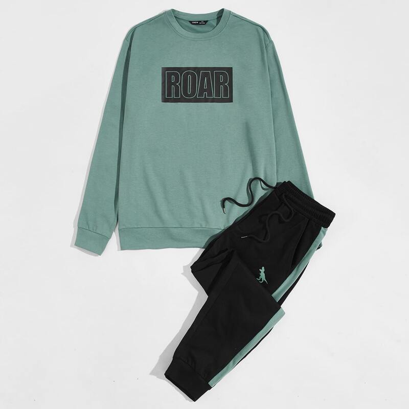

Guys Letter Graphic Pullover & Dinosaur Print Sweatpants Set, Multicolor