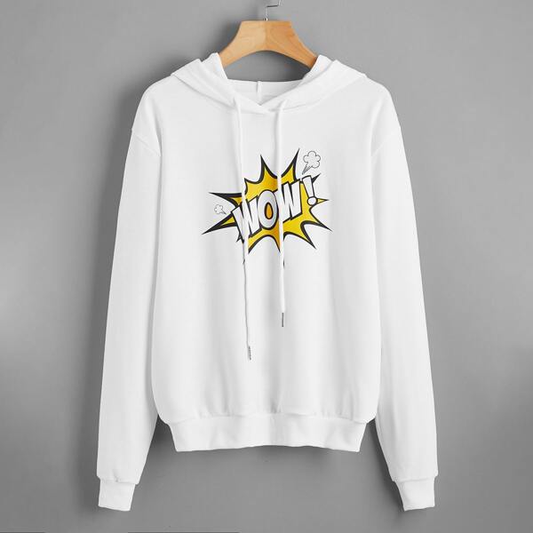 

Letter Graphic Drop Shoulder Drawstring Hoodie, White