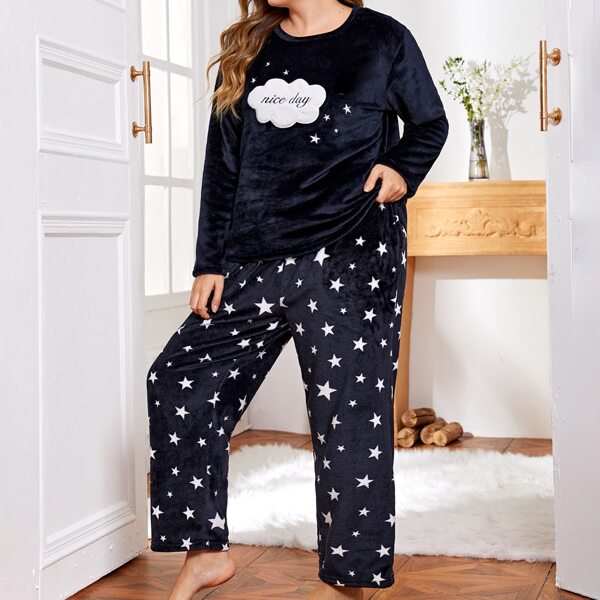 

Plus Letter Embroidery Star Pattern Teddy PJ Set, Navy blue