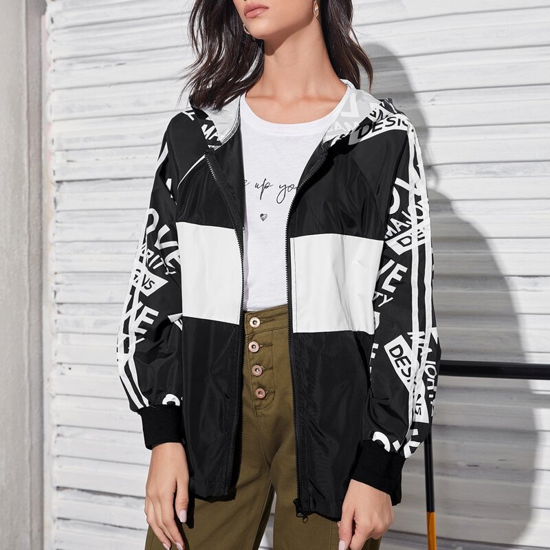 

Letter Graphic Colorblock Wind Jacket, Black