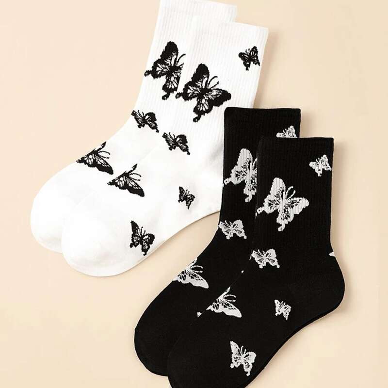 

2pairs Butterfly Socks, Black and white