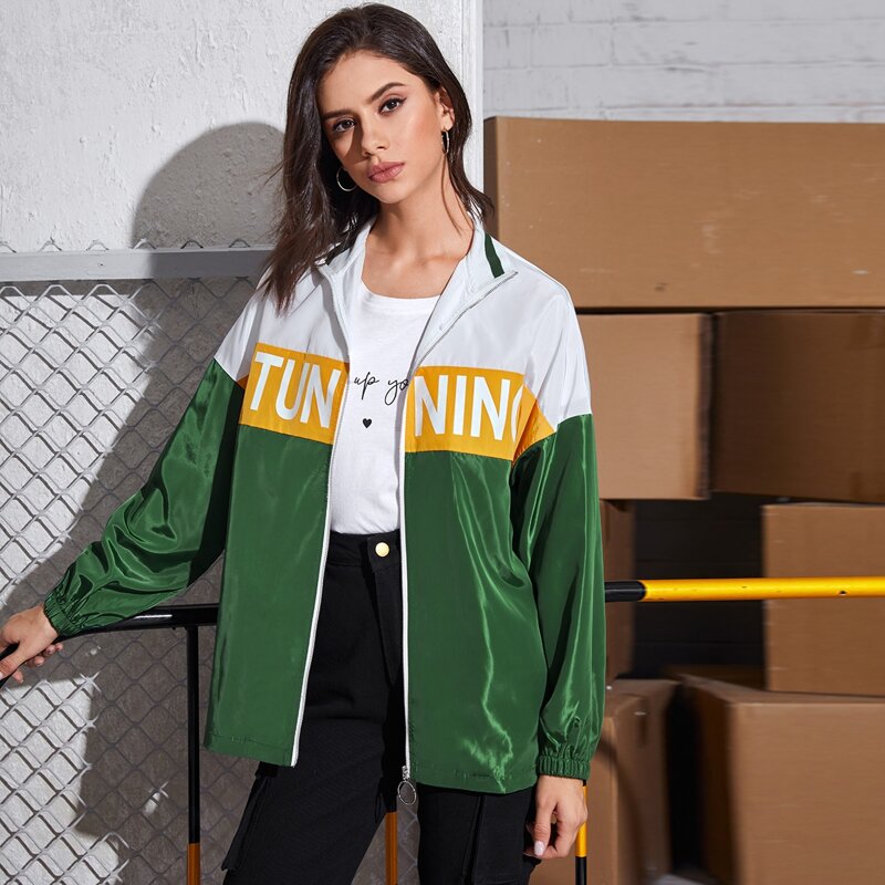 

Letter Graphic O-ring Zipper Wind Jacket, Dark green