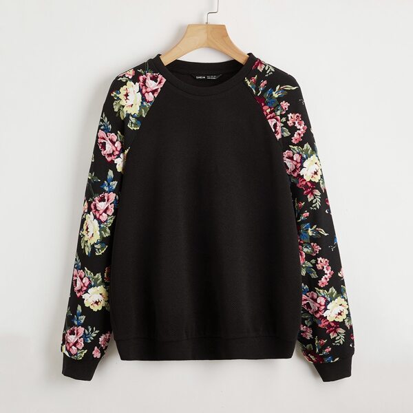 

Floral Raglan Sleeve Pullover, Black