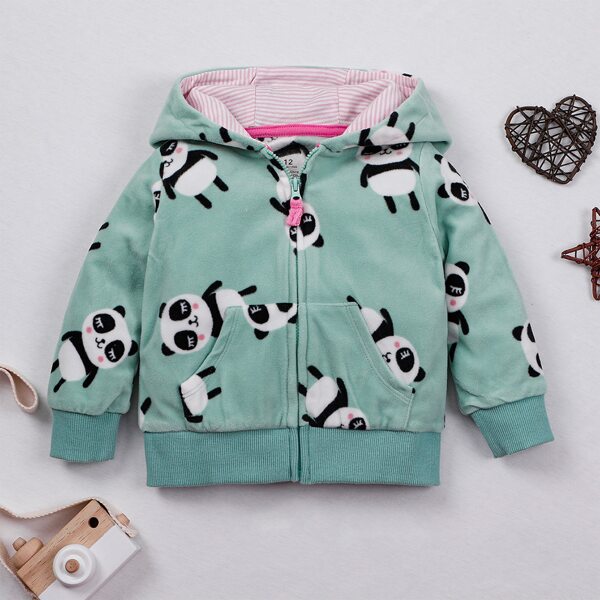 

Toddler Girls Cartoon Panda Print Hooded Jacket, Mint green
