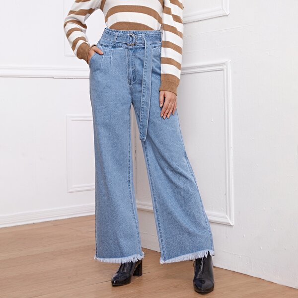 

High Waist Raw Hem Belted Wide Leg Jeans, Light wash