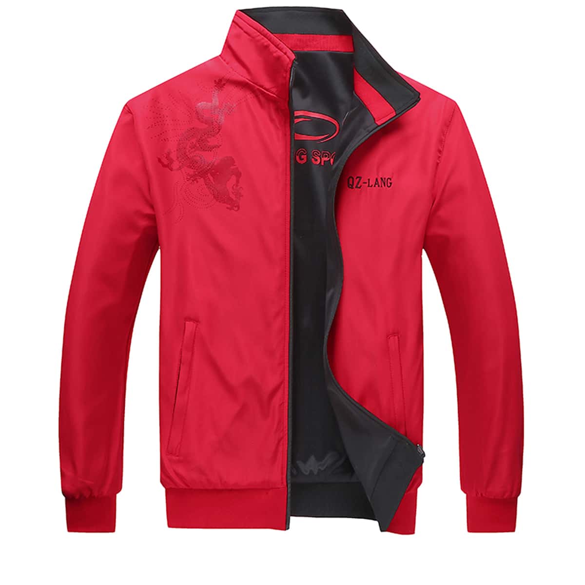 

Guys Chinese Dragon And Letter Graphic Jacket, Red
