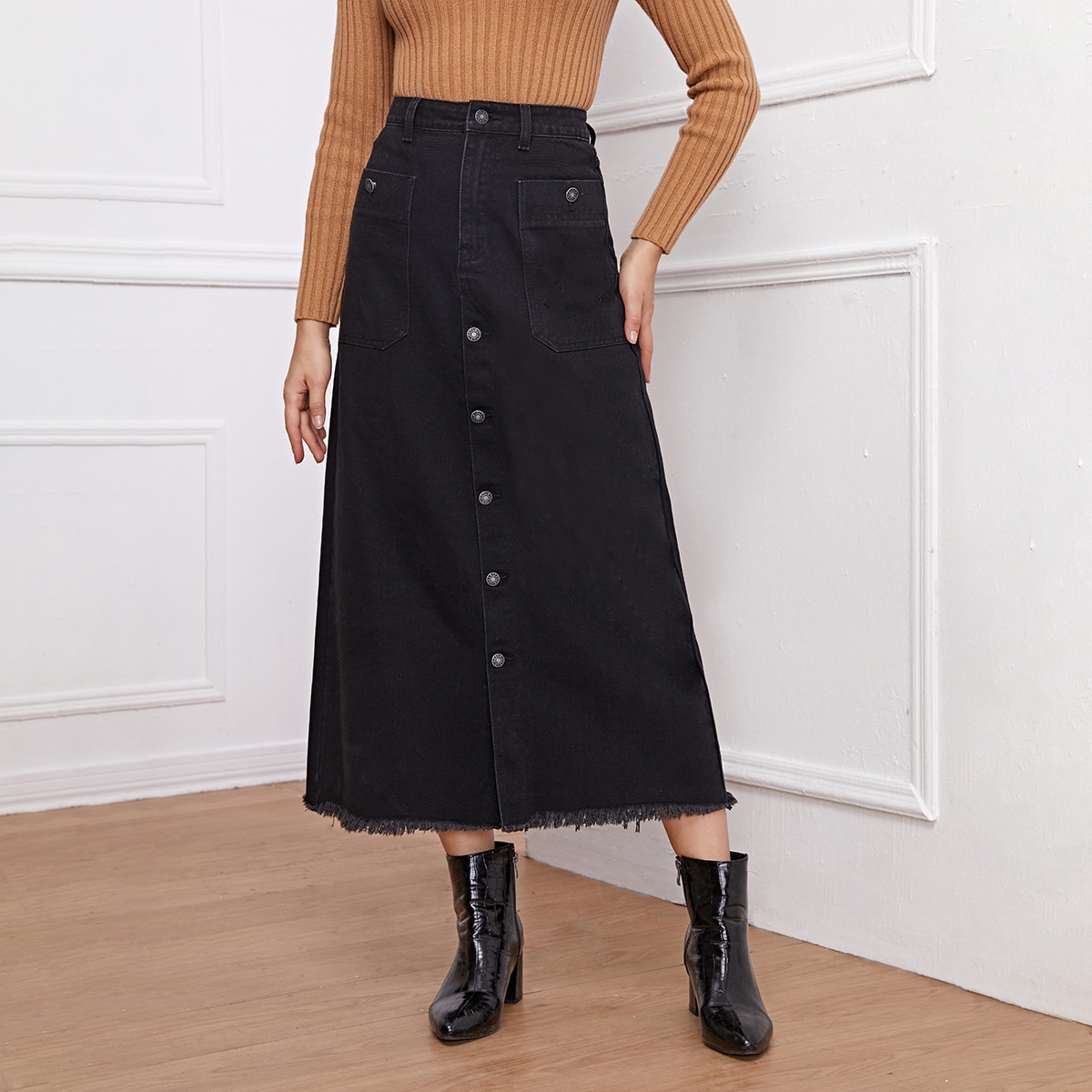 Image of Button Front Raw Hem Denim Skirt