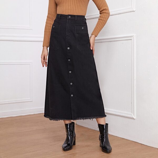 

Button Front Raw Hem Denim Skirt, Black