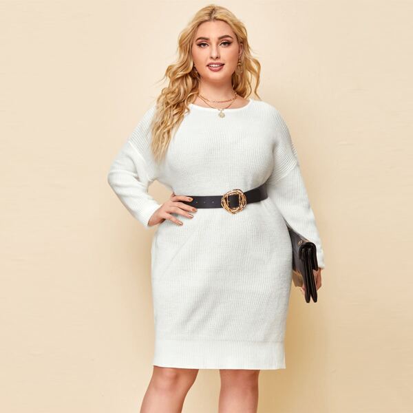 

Plus Drop Shoulder Cutout Back Sweater Dress Without Belt, White