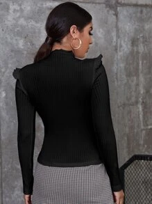 Firerie Frill Trim Rib-knit Solid Tee - Black - View 2