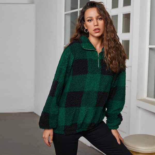 

Zip Half Placket Plaid Teddy Pullover, Dark green