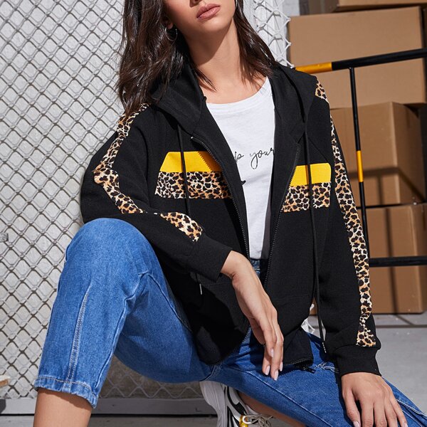 

Leopard Colorblock Drawstring Hooded Jacket, Black