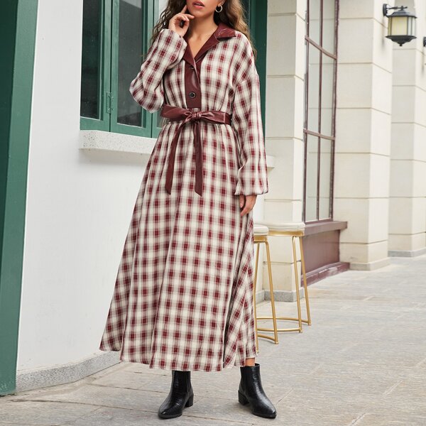 

Button Front Belted Plaid Dress, Red and white