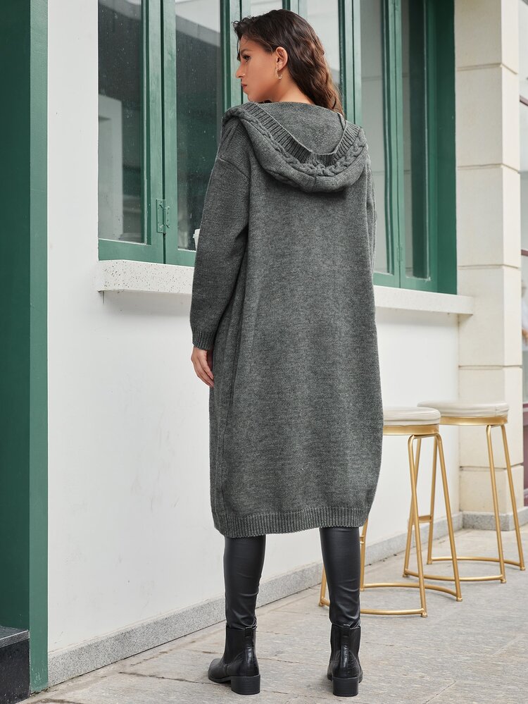 SHEIN Cable Knit Hooded Cardigan - Dark Grey - View 2